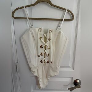 NBD Cream Lace-Up Bodysuit with removable straps